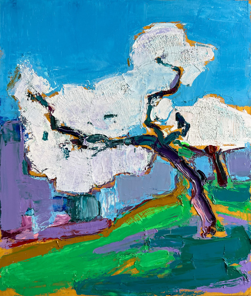 Blooming tree. 60x70 cm, oil on canvas, texture paste, 2023. SOLD.